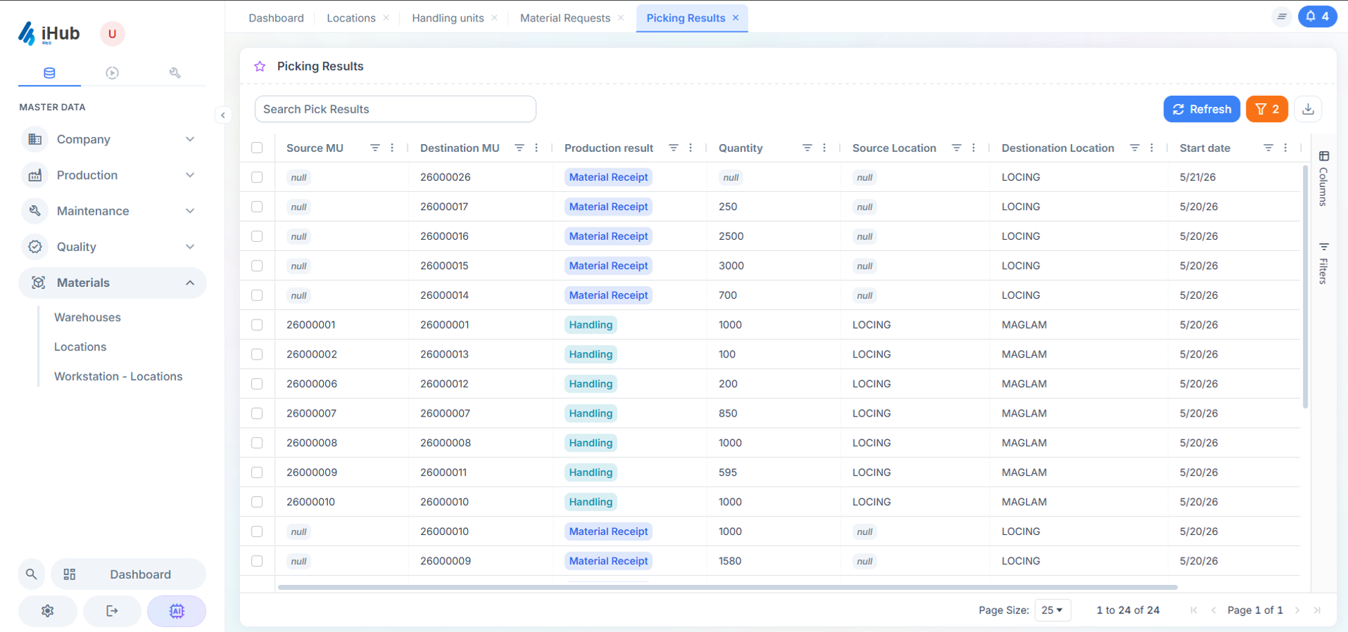Material picking su iHub MES